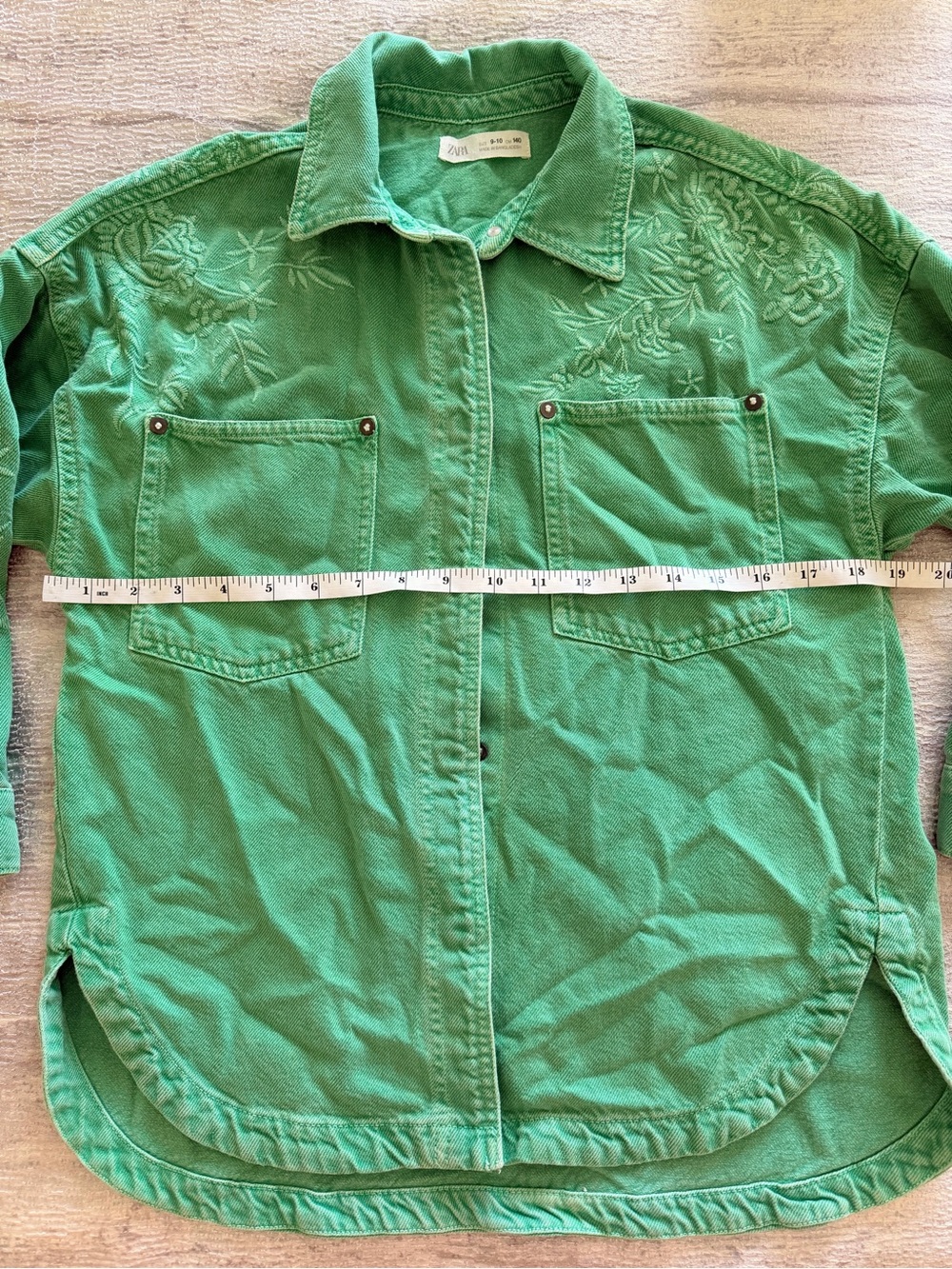 Zara Green Embroidered Snap-Front Denim Shirt Jacket Size 9-10 - Picture 7 of 12